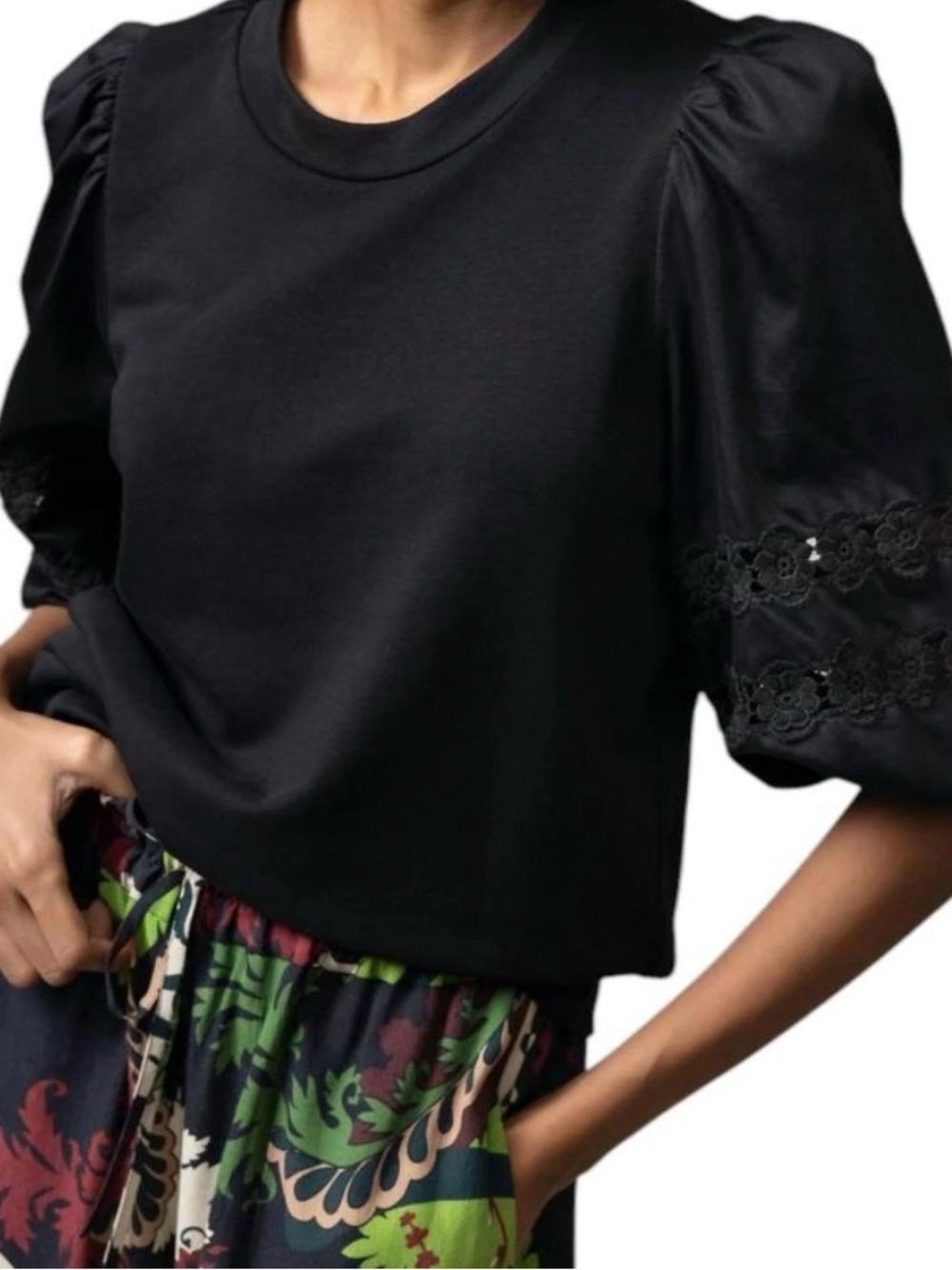 Women's Black Puff Sleeve Tee with Lace Trim